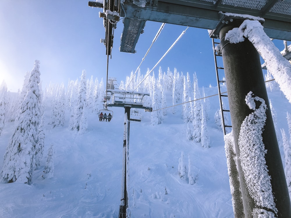 Weiße und schwarze Seilbahn mit drei Personen, die tagsüber in der Nähe von schneebedeckten Bäumen fahren