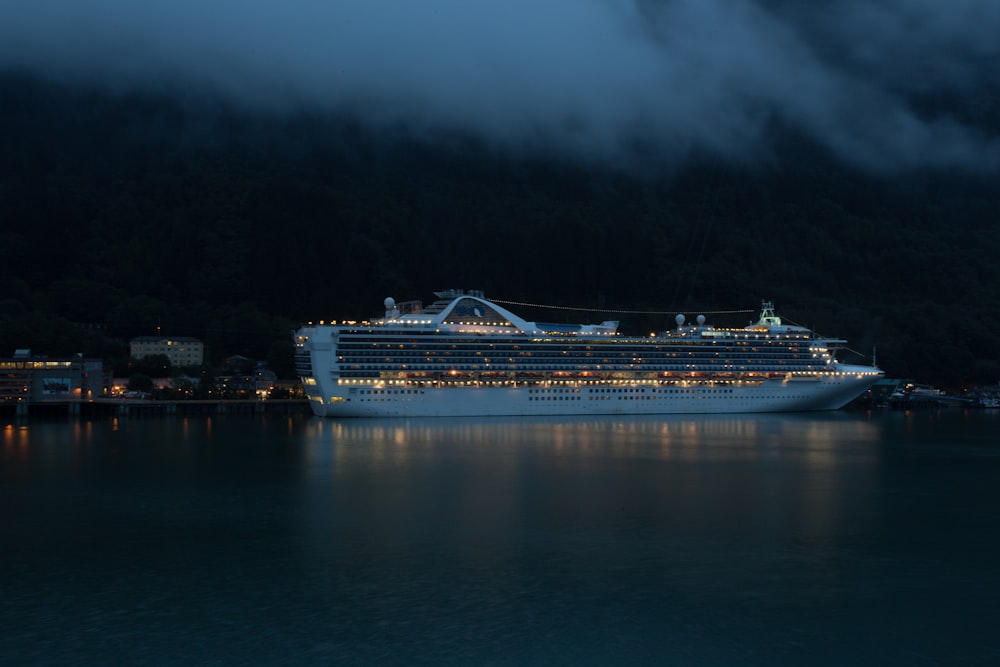 Foto eines weißen Kreuzfahrtschiffes in der Nacht