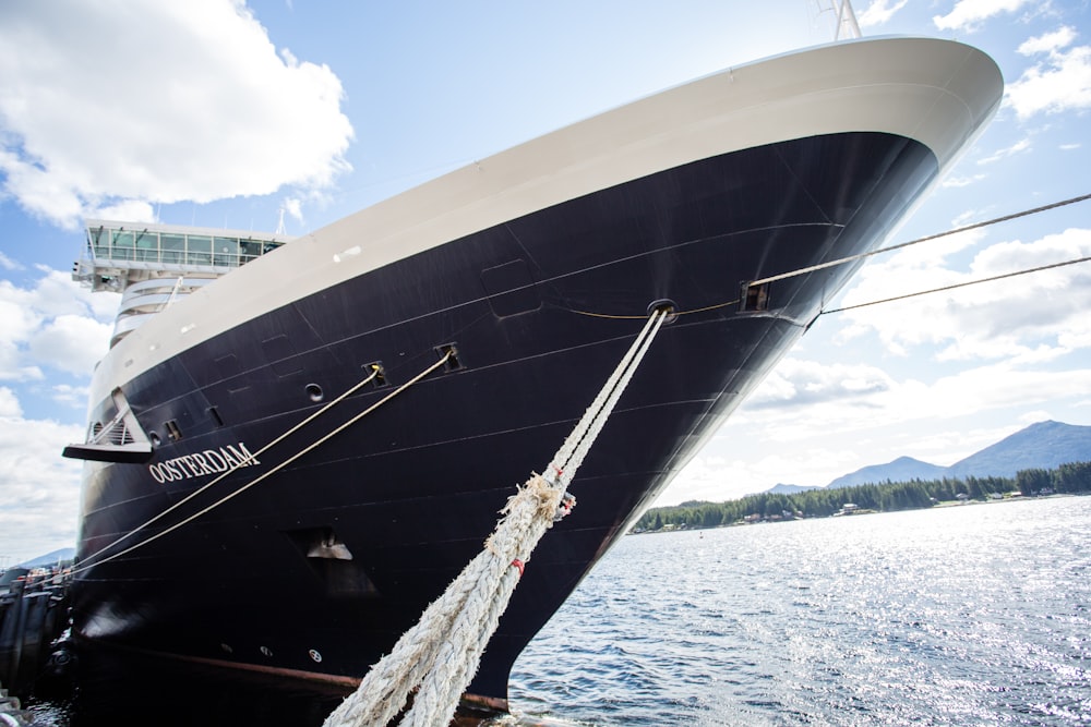 Navire de croisière blanc et noir sur plan d’eau