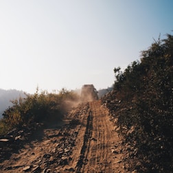 A rugged off-road vehicle travels along a dusty, unpaved path bordered by wild vegetation. The scene conveys a sense of adventure and remoteness under a clear blue sky.