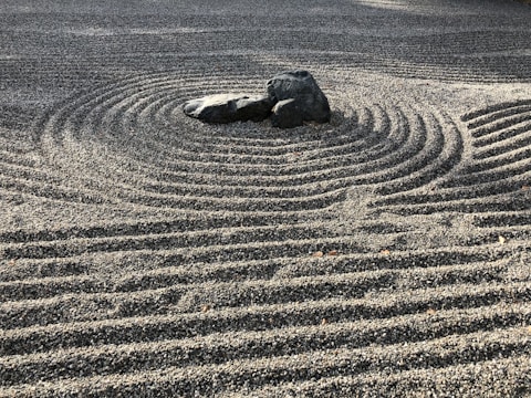 A peaceful zen garden with carefully arranged stones and plants.
