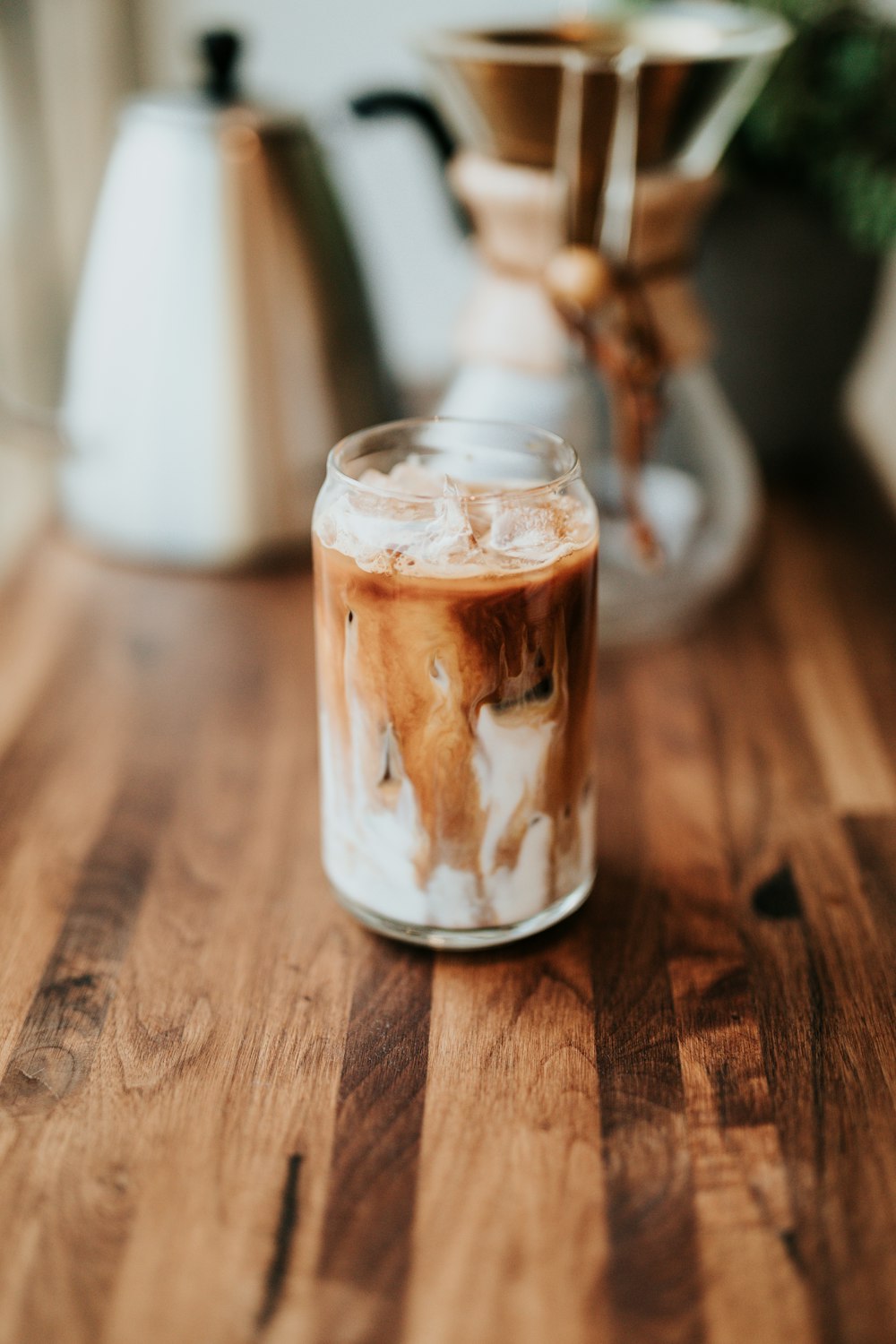 clear cup with white and brown contents