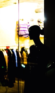 A silhouette of a mannequin is positioned in front of a bright display window. The window showcases a variety of clothing items hanging, including jackets and tops with a striped pattern. The scene is dimly lit, creating high contrast between the dark mannequin and the illuminated background.