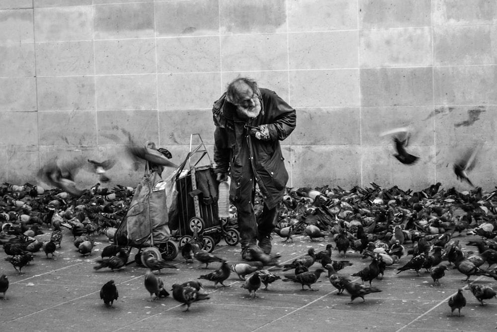 거리에 서 있는 비둘기 떼에 둘러싸인 남자의 회색조 사진