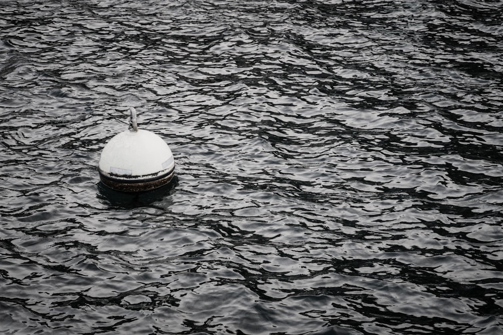greyscale photo of bouy floating on body of water