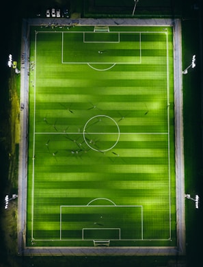 bird's-eye view photography of green soccer field with lights