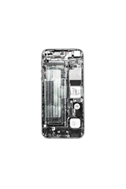 A disassembled view of a smartphone displaying its internal components such as the circuit board, battery compartment, and various connectors. The phone case is removed, exposing the intricate layout of electronic parts.
