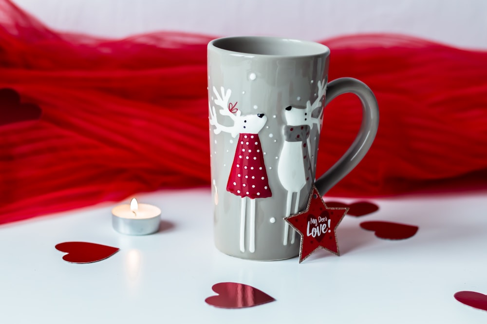 grey and white reindeer print ceramic mug