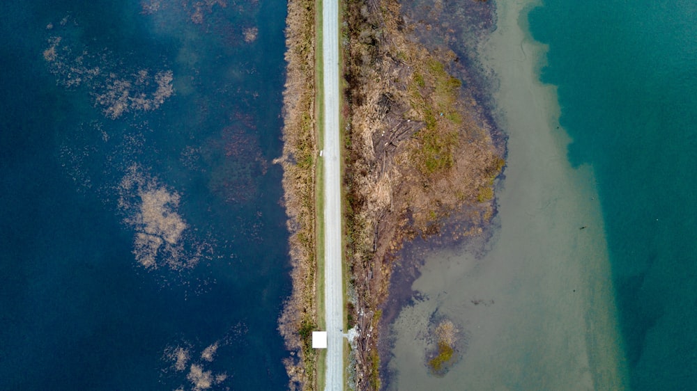 aerial photography of road between sea