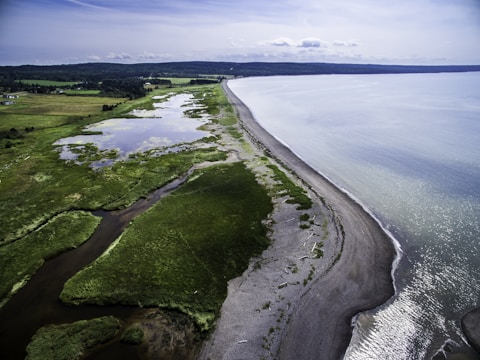 Aerial view of a coastal landscape featuring a long, narrow strip of beach separating the ocean from a series of lush green fields and wetlands. The image shows the meeting point of the land and sea, with scattered logs visible on the sandy beach. The water is a calm, muted blue, while patches of white clouds are visible in the sky.
