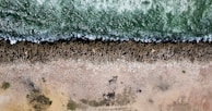Aerial view of a coastline featuring a green ocean with waves crashing against a line of tetrapod breakwaters. The breakwaters are followed by a section of rocky terrain, leading into a sandy and grassy area.