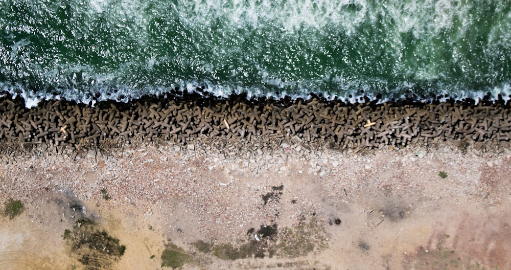 an aerial view of a beach and ocean