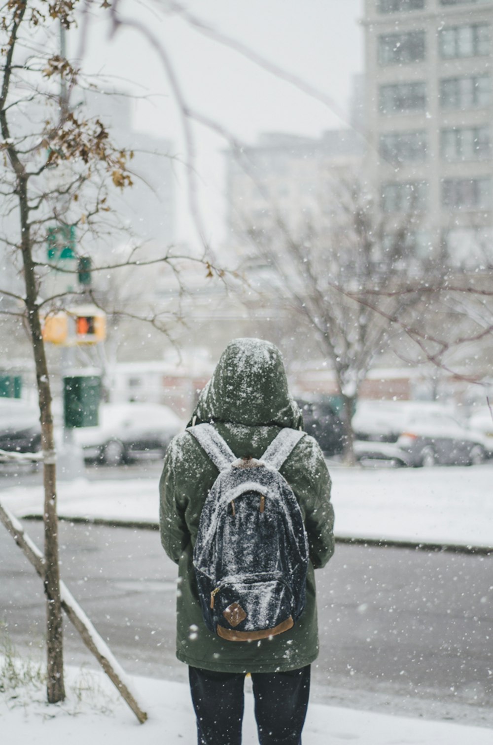 Persona in piedi sotto la neve battente