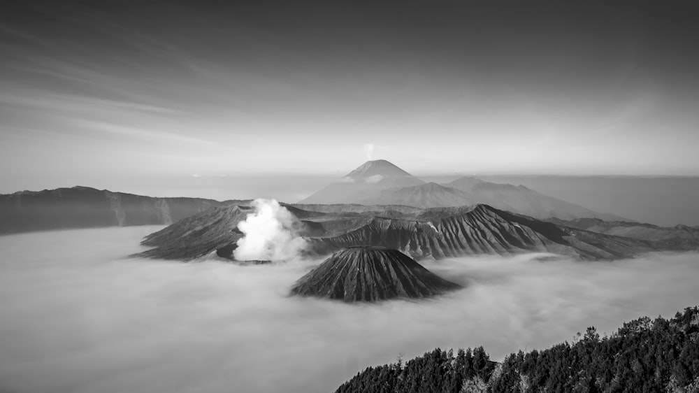 grayscale photo of mountains