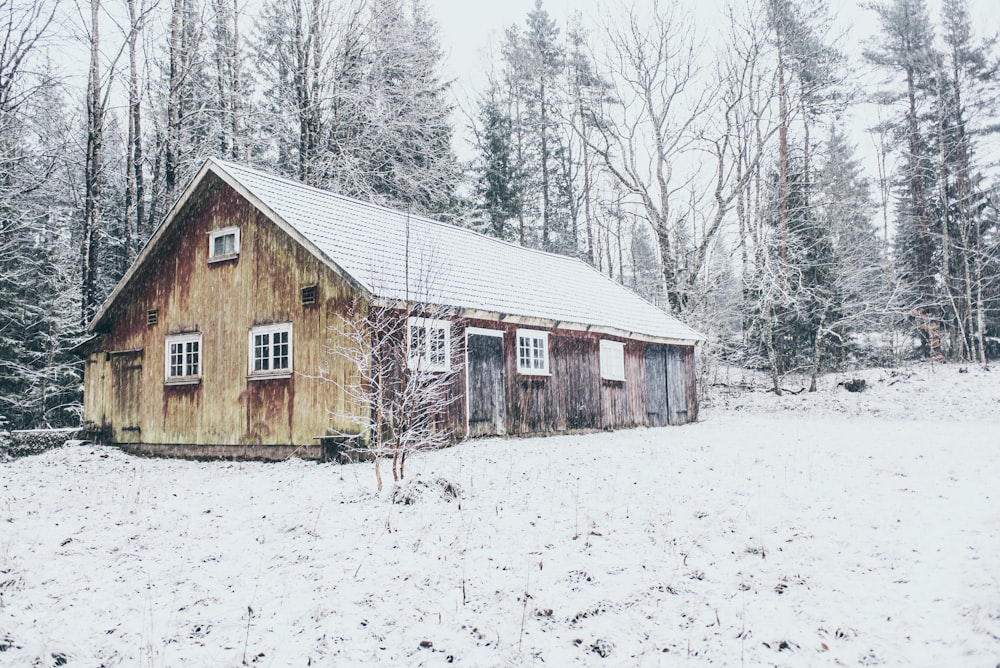 brown house covered with snow