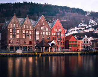 brown and red concrete building beside body of water