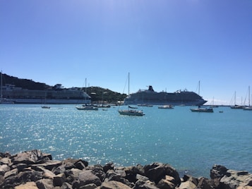 The image displays a coastal scene with a rocky shore in the foreground. Several boats and yachts are anchored in a clear blue body of water. In the background, two large cruise ships are docked near a green hilly area. The sky is clear and bright.