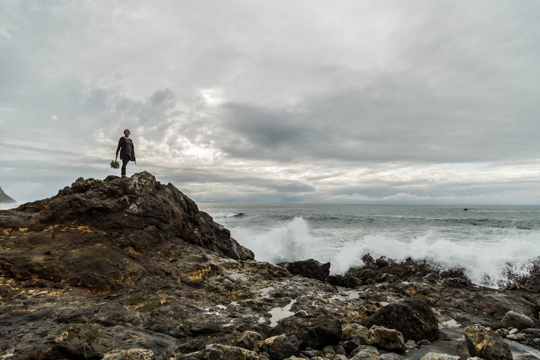 person standing on hill beside ocean waves