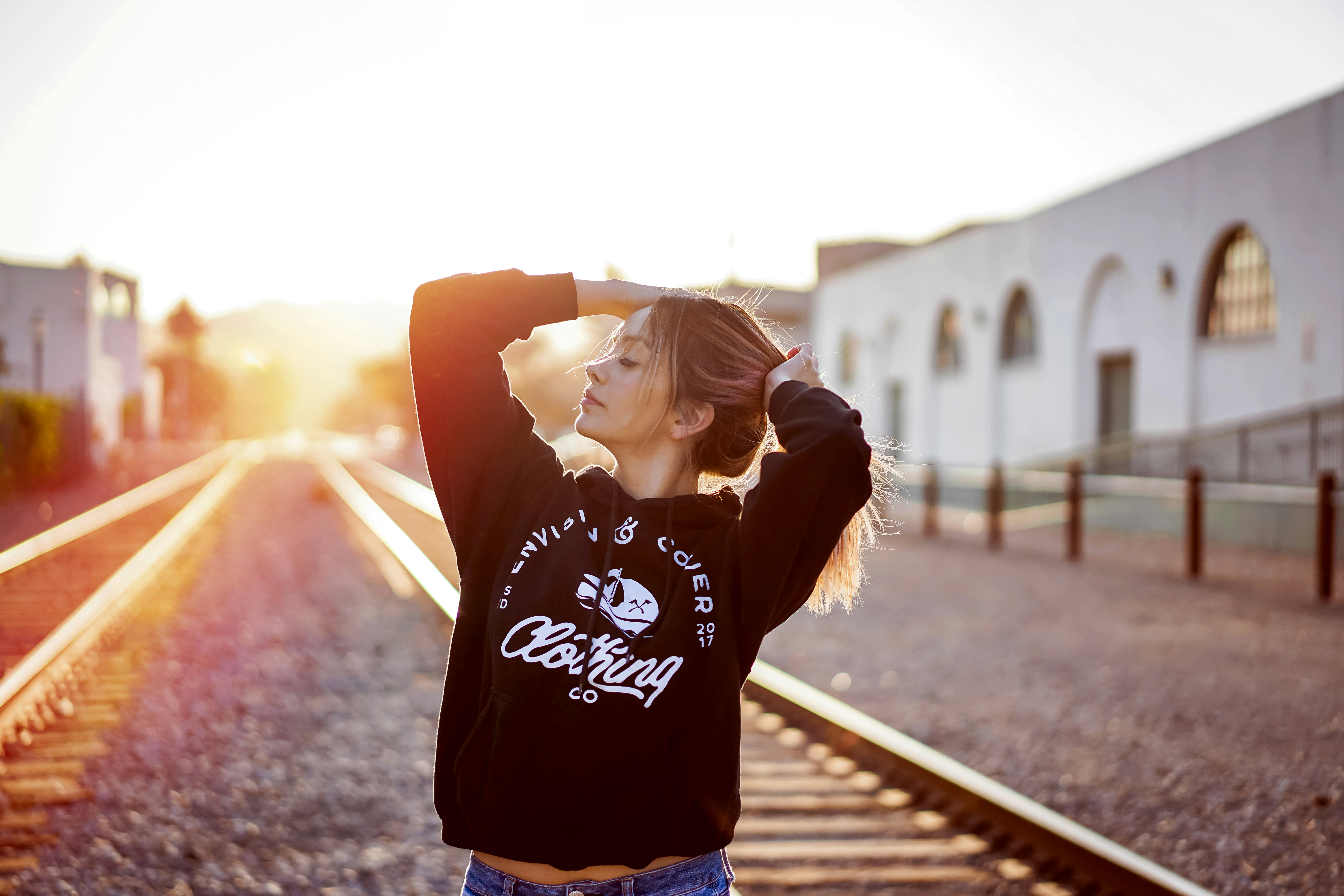woman between railroads, Taken for a local clothing company.
