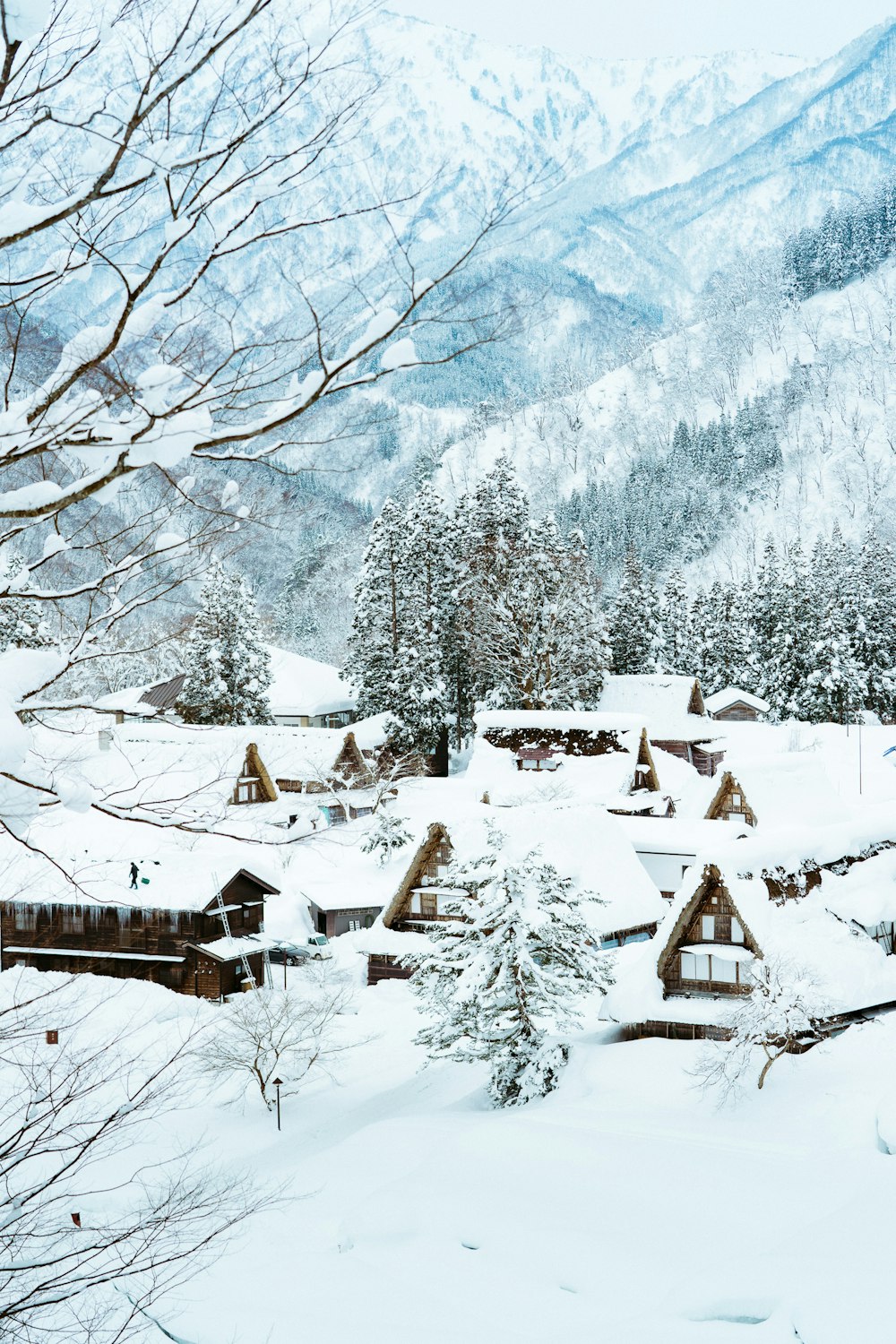 Casas de madera marrón campo con nieve cerca de la montaña