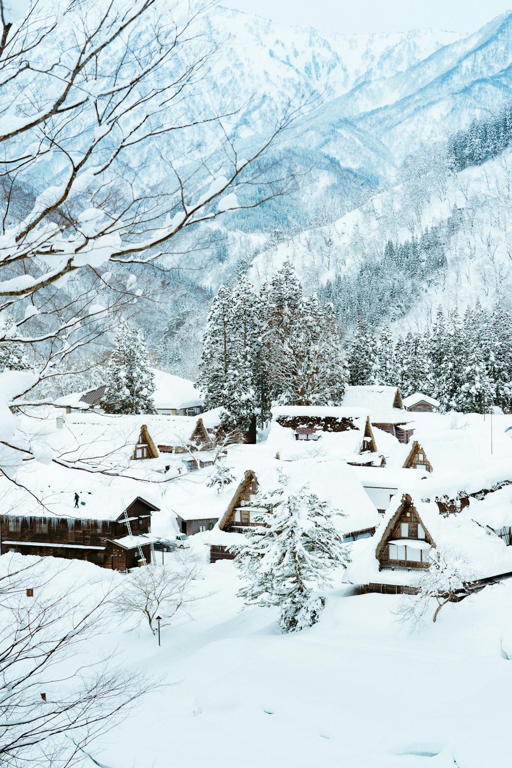 Champ de maisons en bois marron avec de la neige près de la montagne