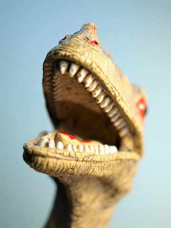 Close-up of a detailed T-Rex plush toy from the online store displayed on a shelf.