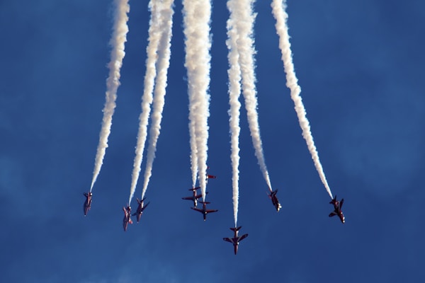 The RAF Red Arrows complete an annual display at the 3-day Bournemouth Airshow.  Often, travelling at over 400mph and at a distance of 6ft from each other, the team is recognised as one of, if not, the best air display team in the world.by Nick Fewings