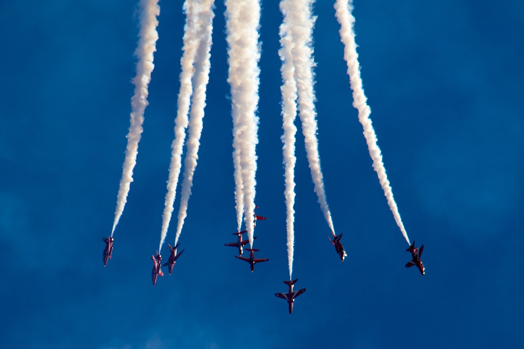 The RAF Red Arrows complete an annual display at the 3-day Bournemouth Airshow.  Often, travelling at over 400mph and at a distance of 6ft from each other, the team is recognised as one of, if not, the best air display team in the world.