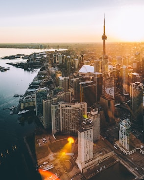 aerial photo of a city in canada during golden hour
