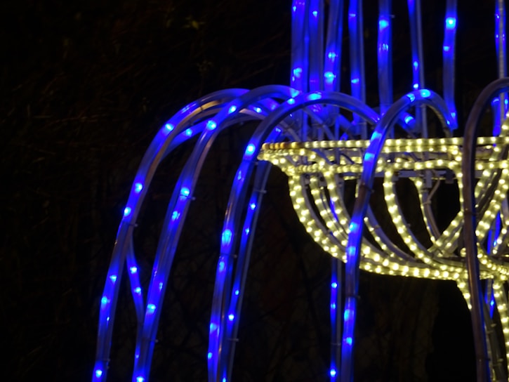 A structure composed of intertwined LED light strips, featuring a prominent mix of bright blue and warm white lights. The design appears to be an abstract, modern installation with flowing lines, creating a visually captivating scene against a dark background.