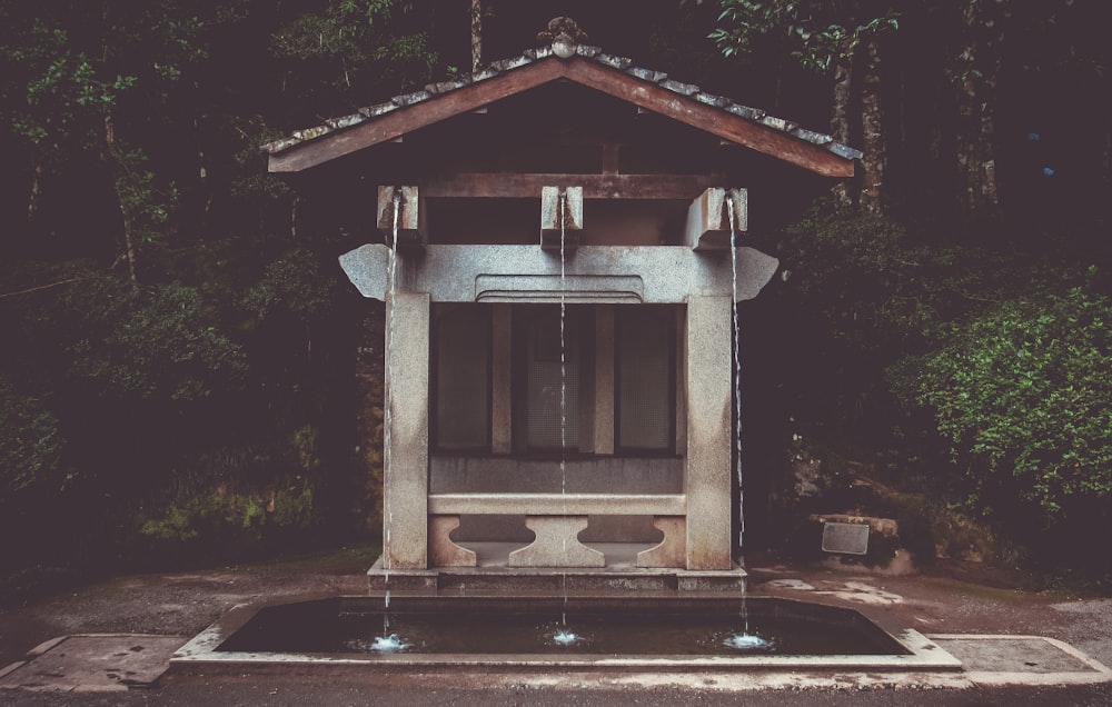 昼間の背の高い木の近くの灰色のコンクリート噴水