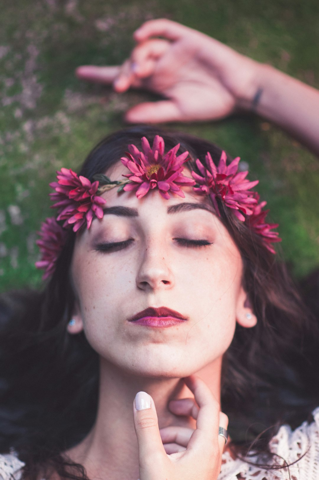 woman wearing pink floral headdress portrait selective focus photography