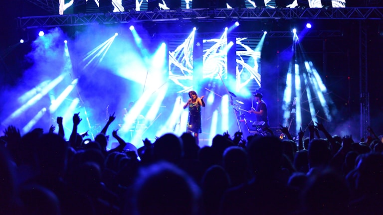 A vibrant concert scene with a crowd facing a brightly lit stage. The stage is illuminated with blue and white lights, and a performer is singing into a microphone while another person plays an instrument. The audience's hands are raised, adding to the dynamic atmosphere.