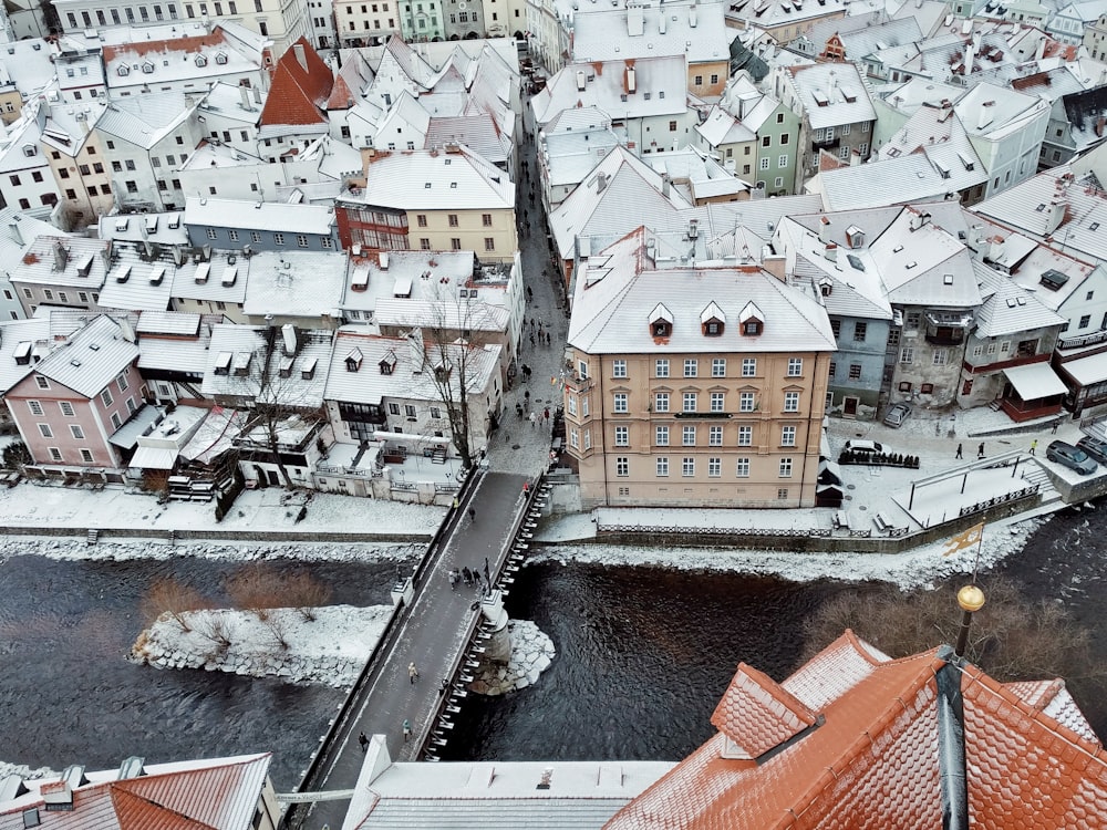 aerial photography of houses near body of water