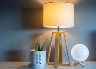 brown and white table lamp with light