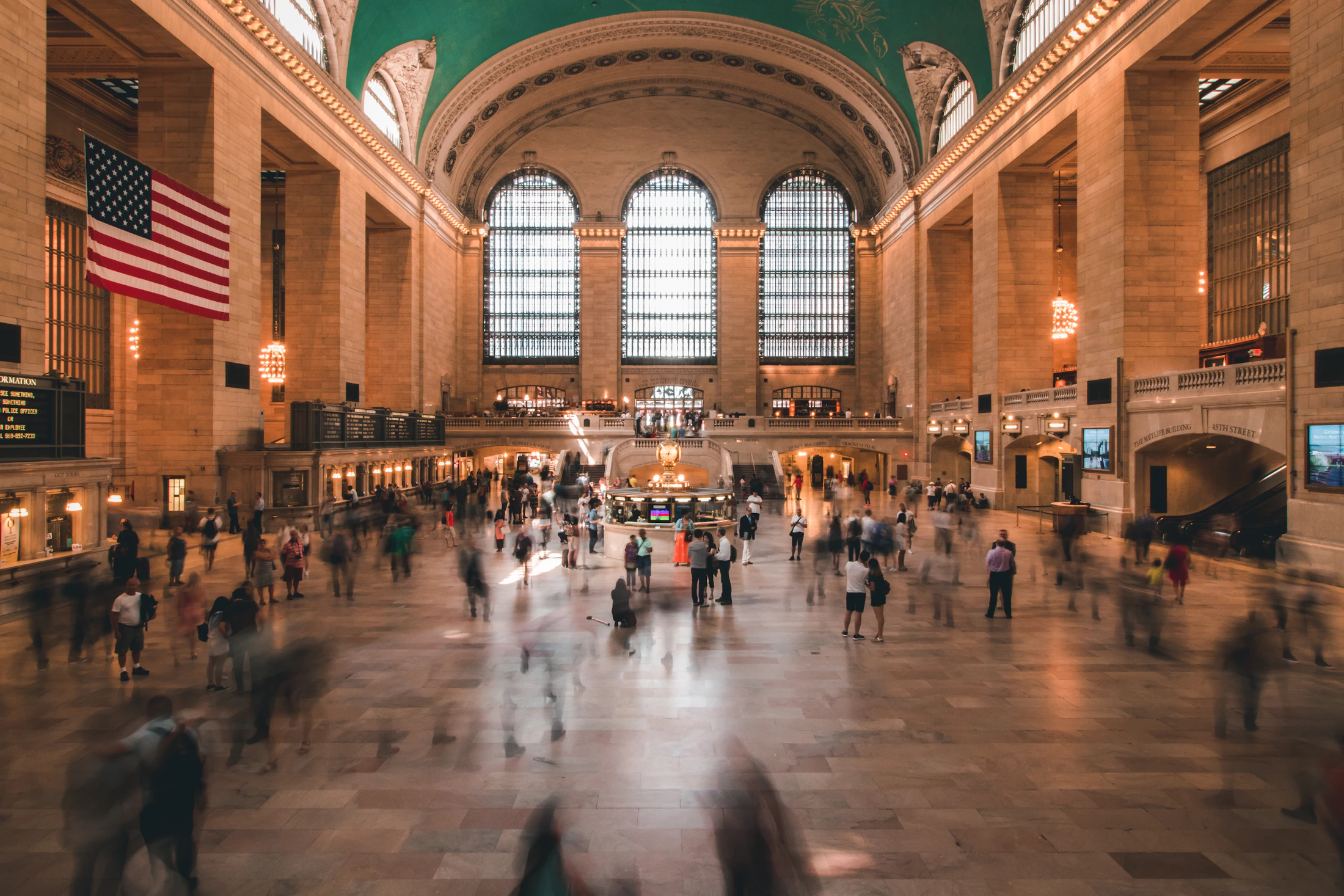 The vaulted main concourse of Grand Central Terminal in New York, pictured as an architectural reference to American transportation history
