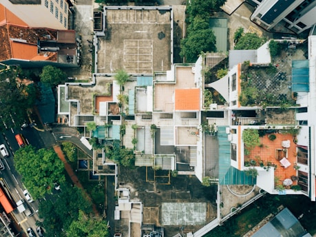 top-down drone view of urban rooftops for real estate and property inspection analysis