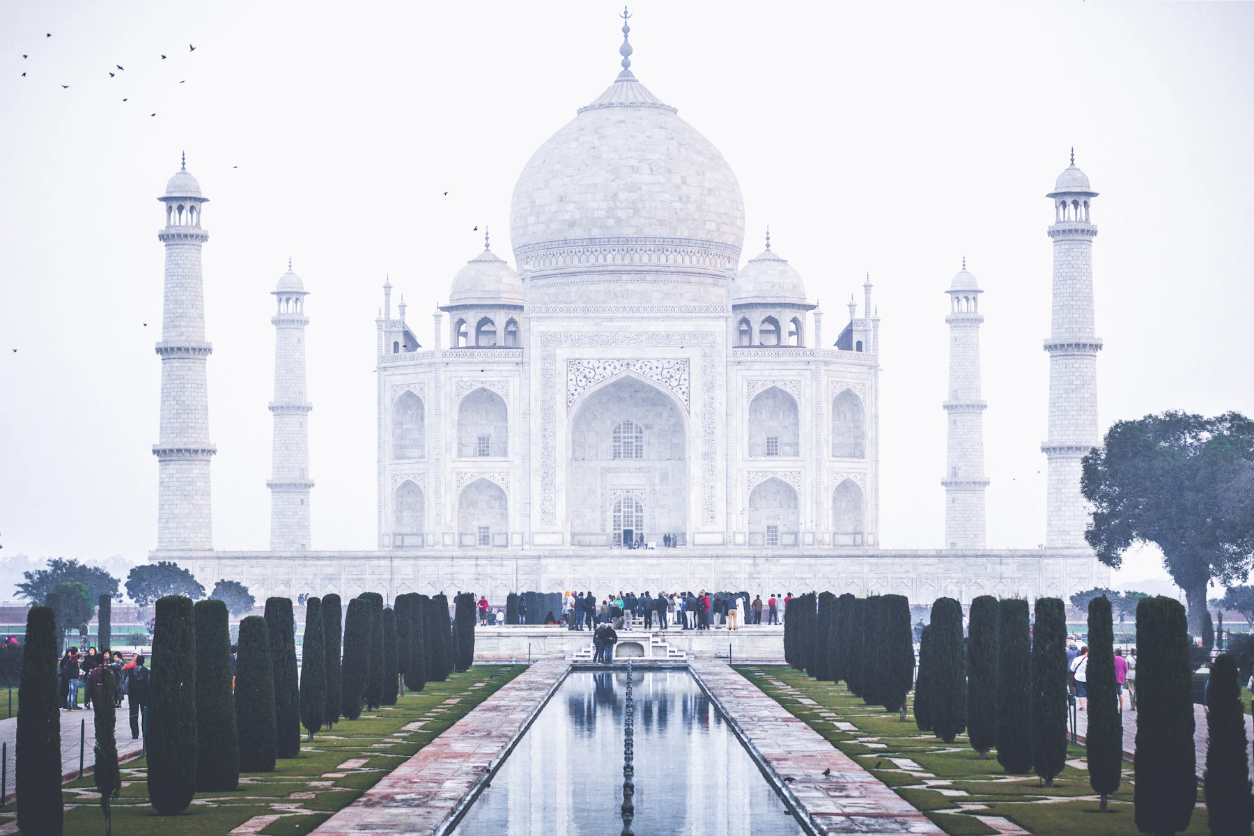 The Taj Mahal reflected in its long pool at Agra