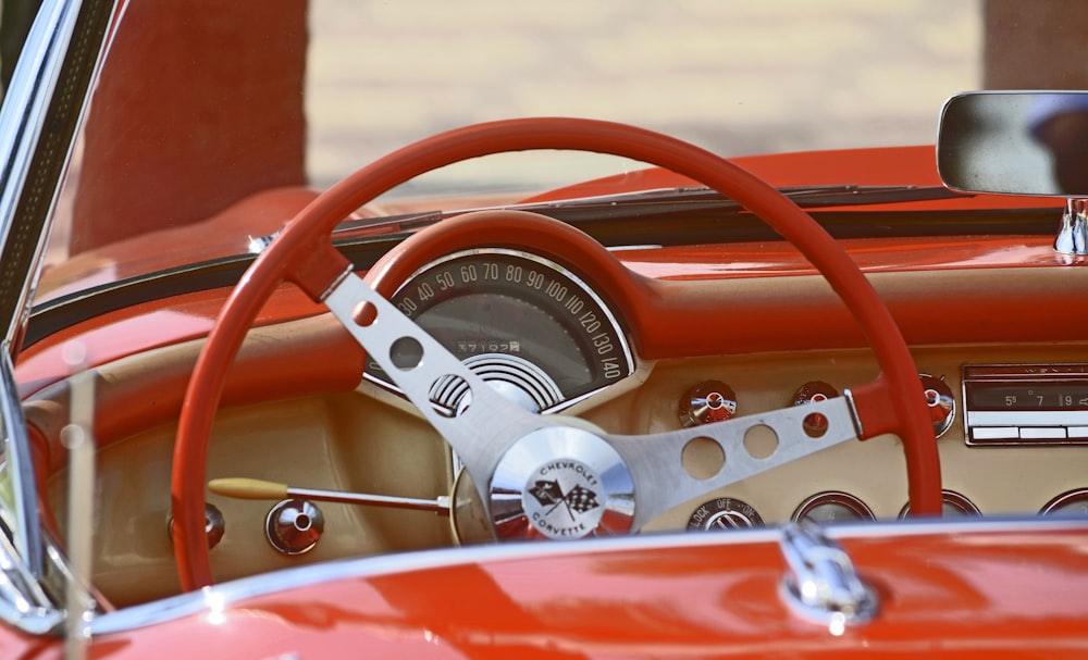 classic red and white car interior