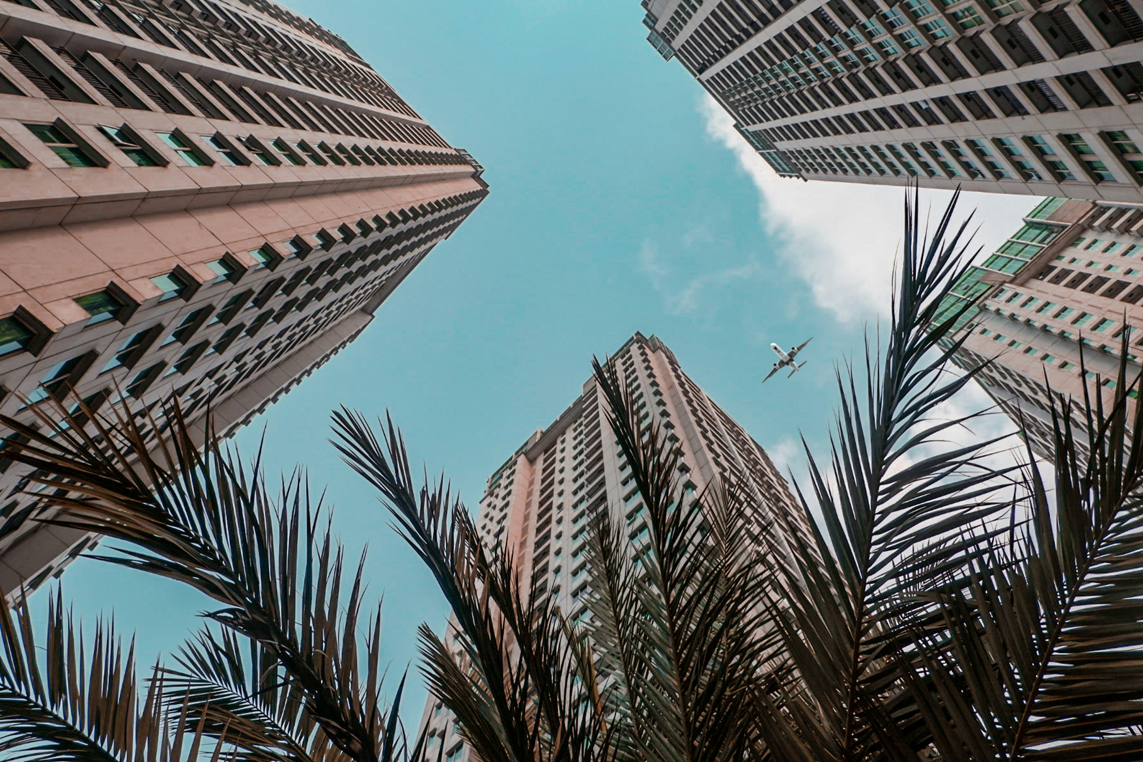 Modern skyscrapers with airplane