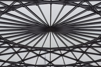 A geometric structure made of numerous triangular sections converging at a central point, forming a radiating pattern similar to spokes or a starburst. The material appears metallic, giving off a sleek, industrial look with a modern architectural style.