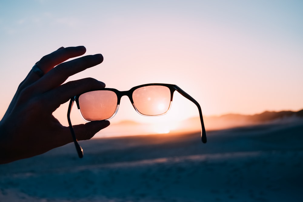 person holding Wayfarer-style sunglasses