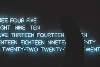 A silhouette of a person stands in front of a wall displaying numbers written in glowing blue neon lights. The numbers appear in sequence, ranging from three to twenty. The dark background contrasts with the bright neon glow, creating a dramatic and moody effect.
