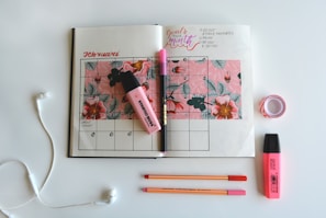 calendar notebook with highlighter pens