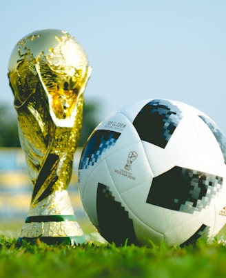 gold-colored trophy and soccerball