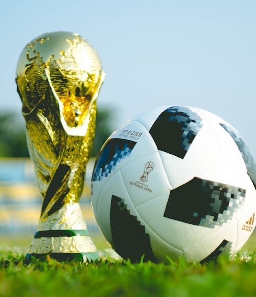 gold-colored trophy and soccerball