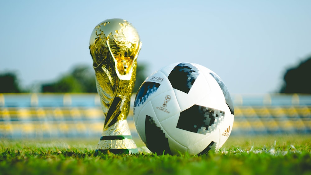 gold-colored trophy and soccerball