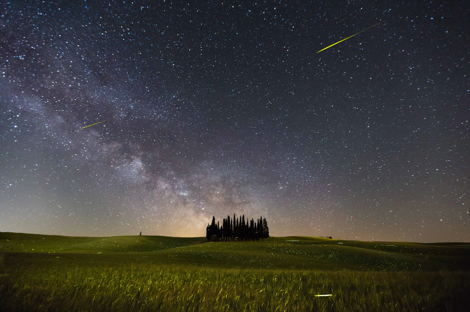 Fotografie: cer înstelat, cu Calea Lactee, deasupra dealurilor și copacilor din Toscana, noaptea