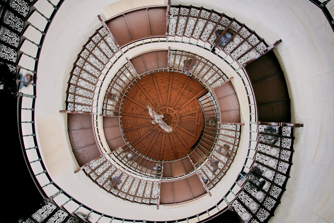 top view of spiral stare, stairs and an eagle