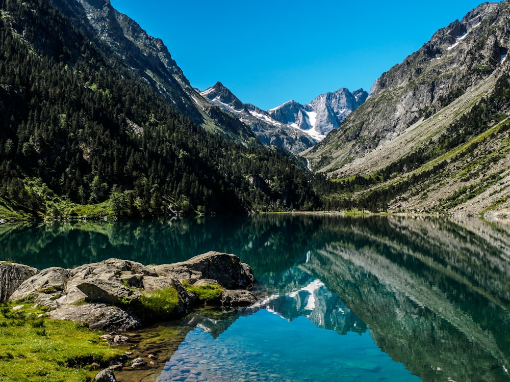 body of water beside mountain